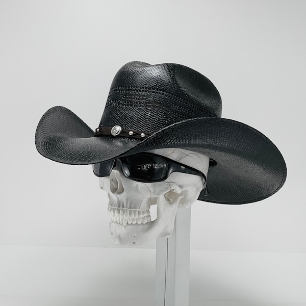 Bullhide Black Cowboy Straw Hat, Brim size 4” inches, Handmade in Mex. With an elastic sweat bandana. A Best Seller! Rain Cover included!