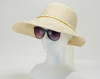 Ladies Ivory Large Brim Visor Hat, Brim size 6” inches, the inside circumference about 22.75” inches, 100% polyester,