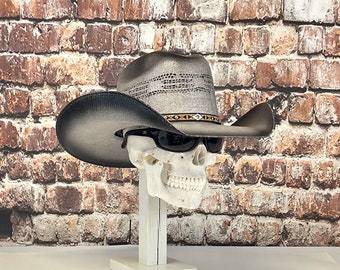 Bull-Hide, Bangora Gray/Black Straw Cowboy Hat: 4" Brim, Elastic Bandana HAND-Made in Mexico, Plastic Rain Cover Included