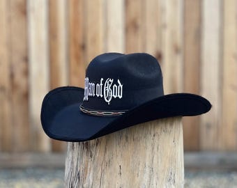 Man of God Cowboy Hat: Black Felt, Elastic Sweatband (Large)