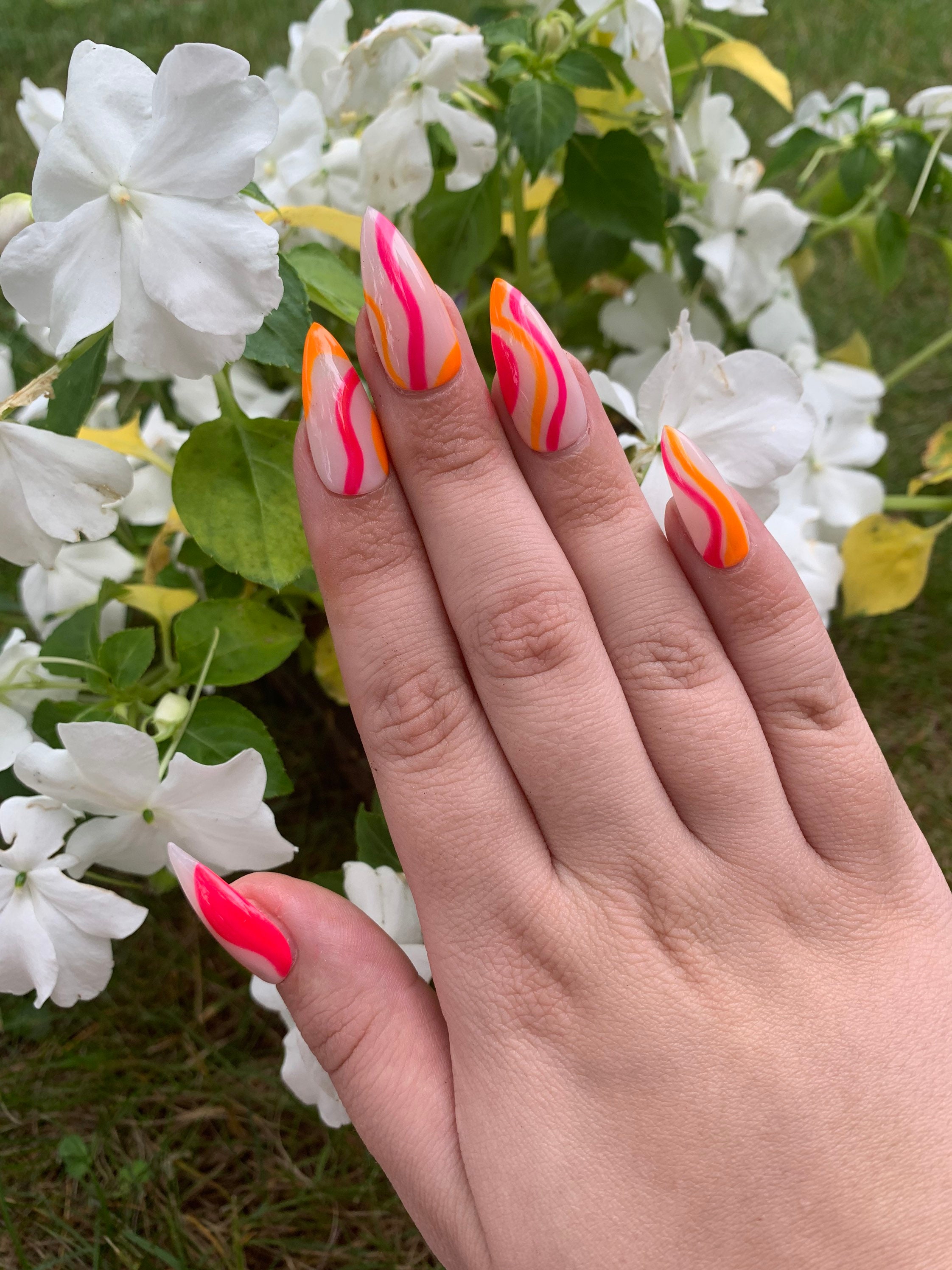 Pink Orange Abstract Swirl Press On Nails Pre Made Etsy