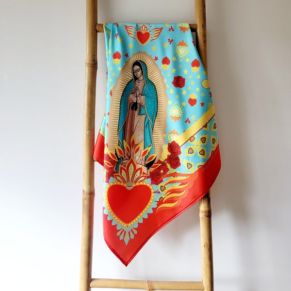 Silk Satin Scarf square scarves - Mexican Our Lady of Guadalupe colourful art in scarves Neckerchief/Bag Scarf/Head Scarf/Head Wrap