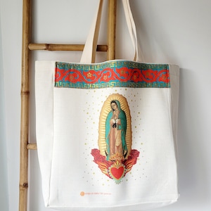 Leinen-Einkaufstasche, Strand-Einkaufstasche in mexikanisch inspirierter Kunst, Leinen-Einkaufstasche, Leinentasche, Jungfrau Maria, Guadalupe