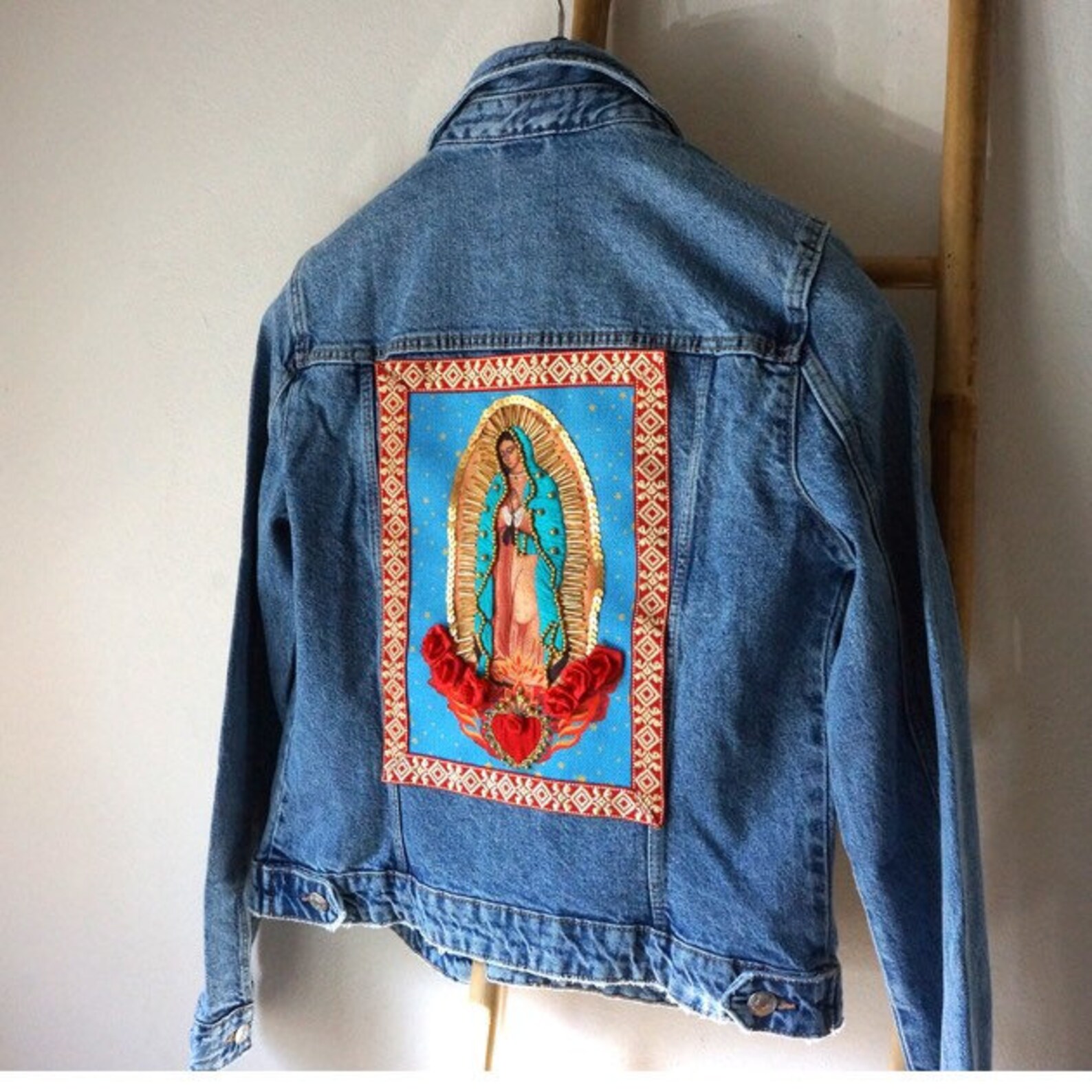 Jean Jacket With Mexican Virgin Mary of Guadalupe Embroidered Etsy