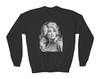 Sudadera juvenil con cuello redondo Dolly Parton Graphic Unisex Black and White Country Top, Sudadera para niños, Sudadera para niños, Sudadera gráfica,