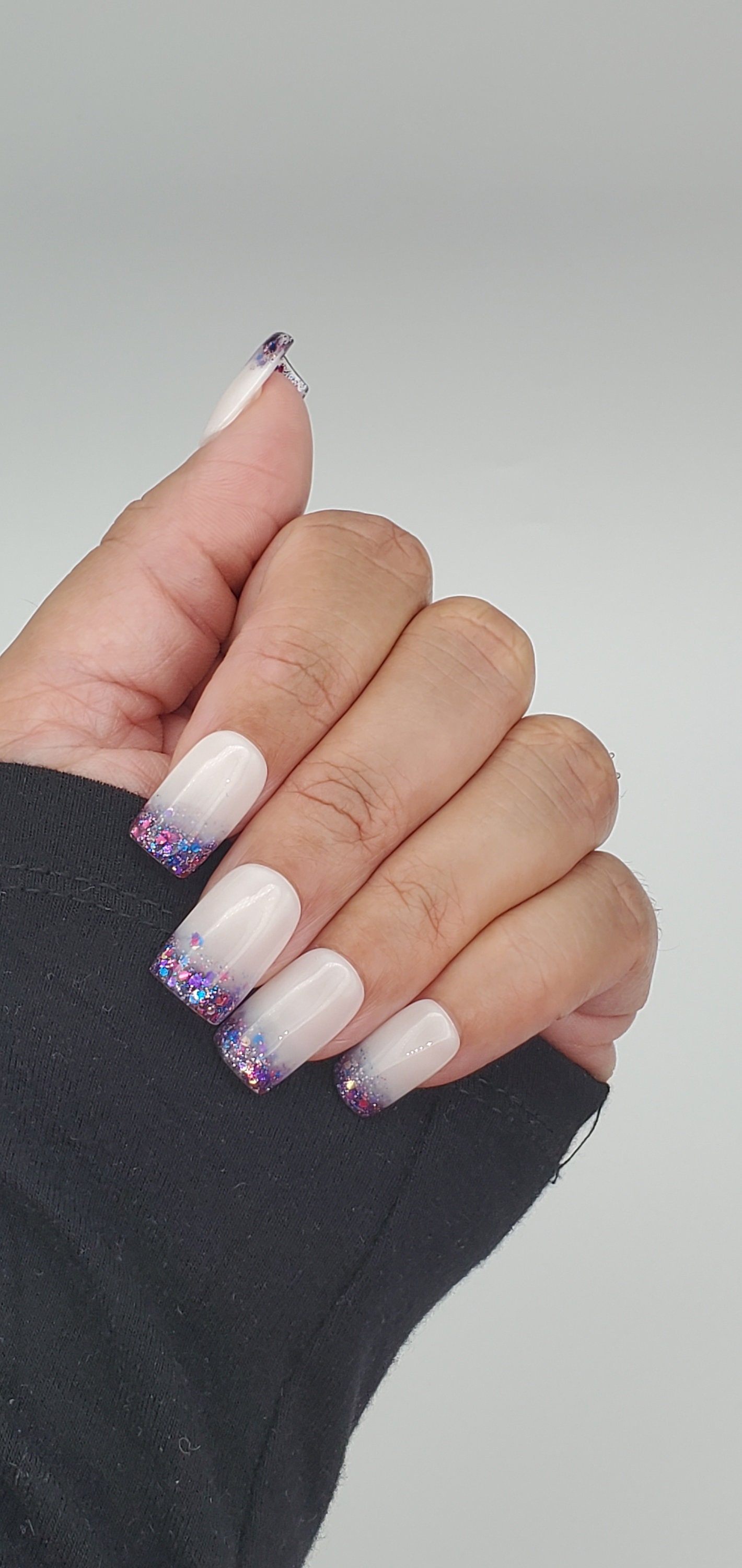 Luxury Press on Nails Milky White Rhinestones Accent Glitter