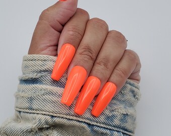 Neon Orange Long Coffin Press On Nails, Summer False Nails