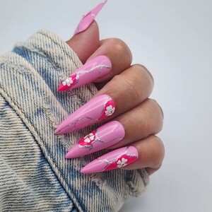 Pink Flower Bling Long Stiletto Press On Nails/ Press On Nails/ Pink Nails/ Stiletto Nails/ Fake Nails/ False Nails/ Glue On Nails
