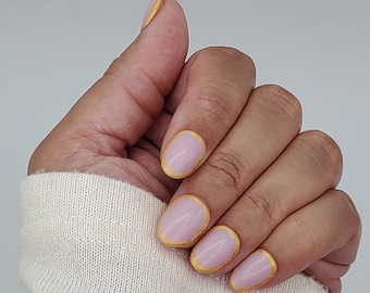 Pink Press On Nails, Gold Rim, Extra Short Round
