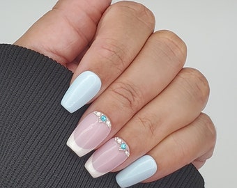 Baby Blue French Tip Press On Nails with Rhinestones