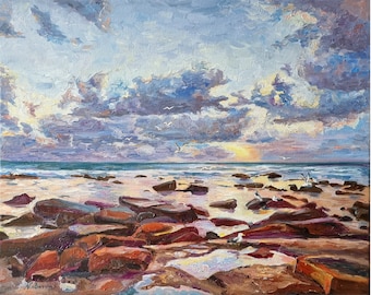 California Seascape Original Art, Monterey Beach Oil Painting:  Sunset Artwork 16" x 20"