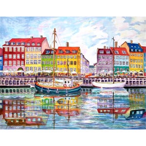 Copenhagen Original Art  Denmark Watercolor Painting Scandinavia Wall Art 18&quot; × 14&quot; Auth Natalia Bassin.