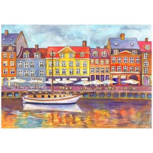 Copenhagen Original Art  Denmark Watercolor Painting Scandinavia Wall Art 11.2&quot; × 7.7&quot; By Natalia Bassin.