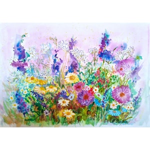 Wildflowers Original Watercolor Art  Meadow Flowers Painting Floral Wall Art 10.5" / 15" Auth Natalia Bassin.