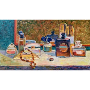 May include: A still life painting of a collection of perfume bottles and a necklace of amber beads on a white surface. The bottles are various shapes and sizes, with some having gold caps and others having blue caps. The background is a textured gold and brown color.