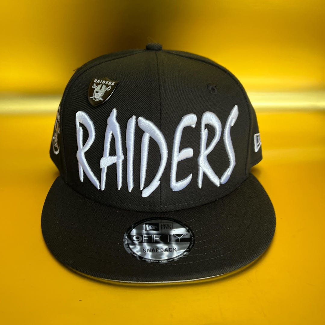 Raiders Black White Tall Text Script New Era 9fifty Snapback
