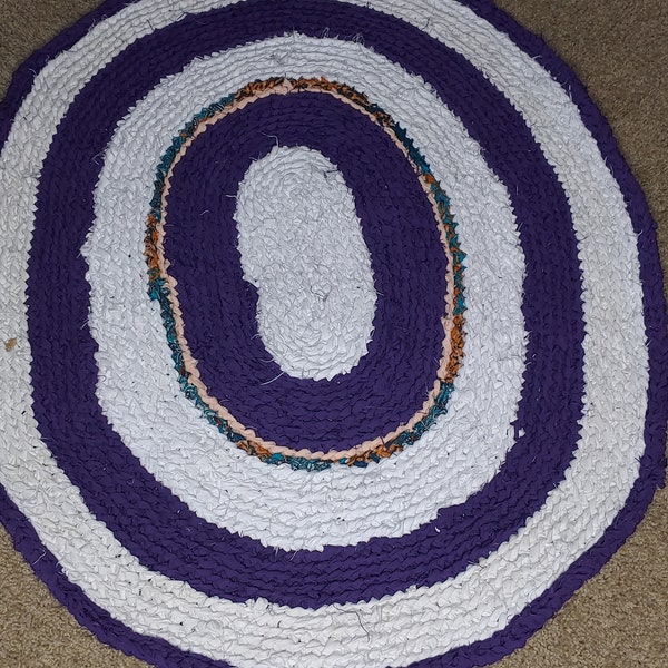 Snow White and Rich Purple Oval Rag Rug 32" x 26", Handmade from Upcycled Materials, Eco Friendly