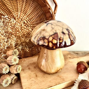 Peut inclure: Une sculpture de champignon en céramique avec un chapeau brillant et marbré dans des tons crème et brun foncé, posée sur un pied lisse de couleur beige clair avec un aspect de grain de bois. L'objet est présenté seul.