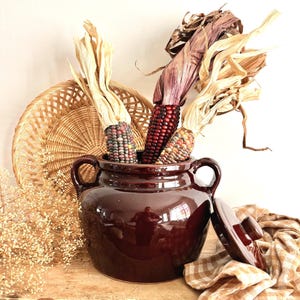 May include: A dark brown ceramic pot with handles, filled with colourful Indian corn and dried husks. A woven basket and a checkered cloth create a rustic, autumnal theme in the background.