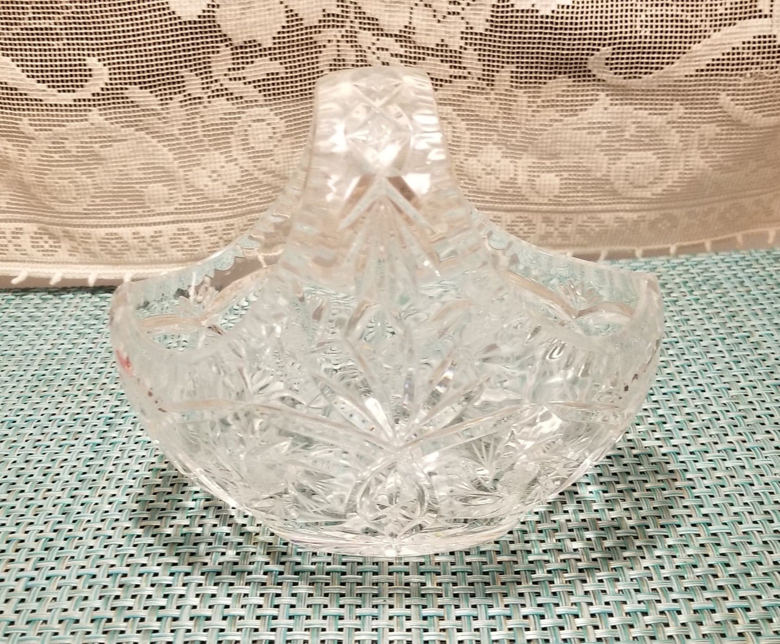 Vintage Cut Glass Wide Handled Basket With Star Design Etsy