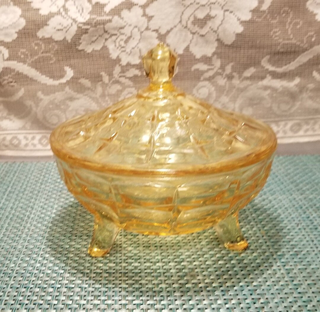 Vintage Yellow Glass Candy Dish With Lid Constellation Yellow Etsy
