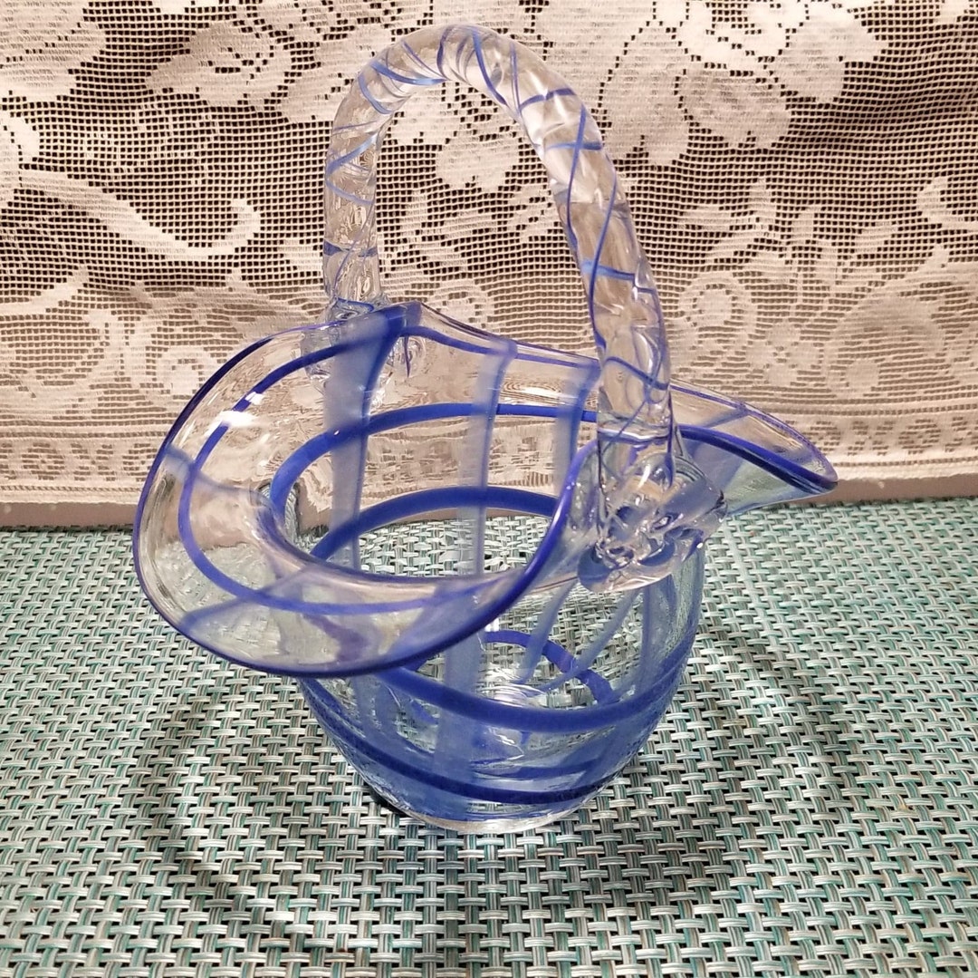 Vintage Glass Basket Clear With Blue Stripes Etsy