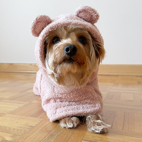 Customizable Dog Bathrobe | High-Quality Cotton | Teddy Ears | Quick Dry | Everyday Luxury | Peignoir pour chien | Rose
