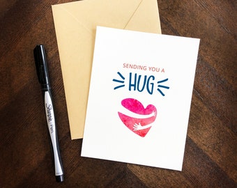 Sending A Hug, greeting cards - 4 pack of note cards with kindness love theme, watercolor, blank card, friendship, encouragement mothers day