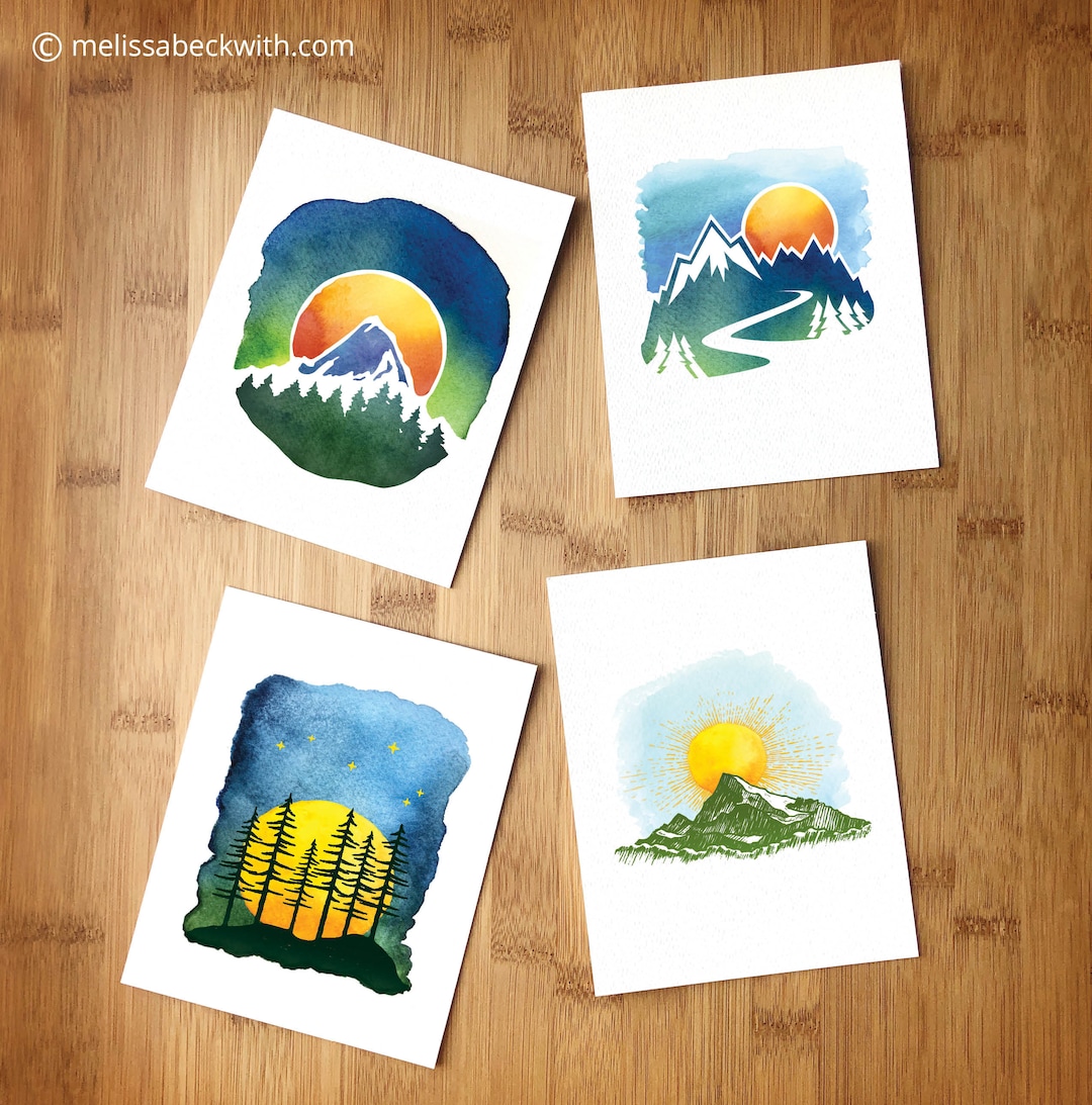 Watercolor Mountain & Sun Greeting Cards - 8 Pack Blank Note Cards - Etsy