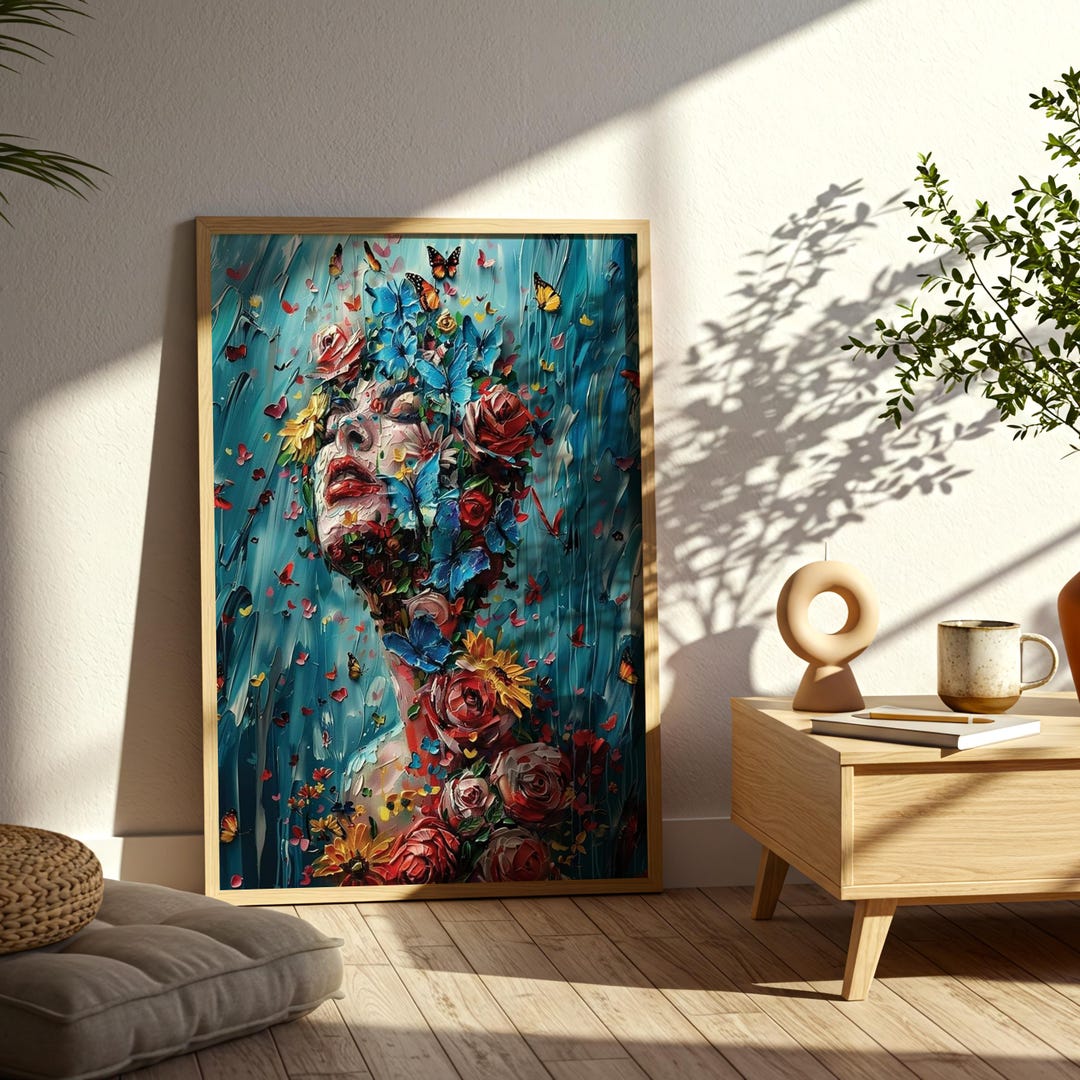 Floral Butterfly Woman Canvas Print, Handmade Framed Wall Art - Etsy