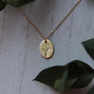 Hand Stamped Poppy Oval Necklace//Made to Order//Brass Oval