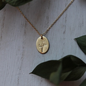 Hand Stamped Poppy Oval Necklace//Made to Order//Brass Oval image 1