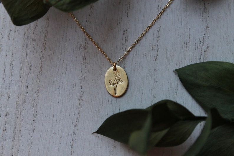 Hand Stamped Poppy Oval Necklace//Made to Order//Brass Oval image 1