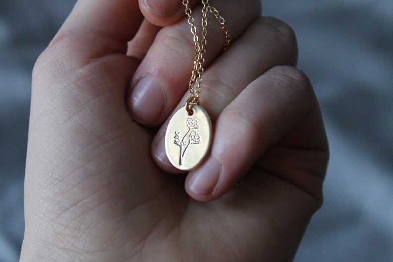 Hand Stamped Poppy Oval Necklace//Made to Order//Brass Oval image 2