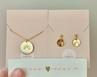 2 ITEMS: Ray of Sunshine Hand Made Stamped Necklace // Ray of Sun Earrings 24k Gold-Plated Posts // 24k Gold-Plated Pendants