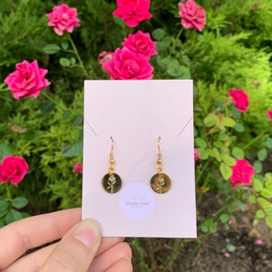 Hand Stamped Rose Earrings // 1/2 Inch Circle 24k Gold-Plated Pendant // Fish Hook Earrings // Clear Safety Backs