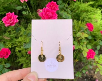 Hand Stamped Rose Earrings // 1/2 Inch Circle 24k Gold-Plated Pendant // Fish Hook Earrings // Clear Safety Backs