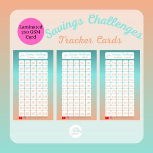 Savings Challenges Laminated A6 Tracker Cards, Colourful Savings Challenge Cards, Savings Trackers, Cash envelope trackers, Savings Budget