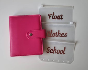 May include: A pink leather bound planner with a silver button closure and three clear plastic zippered pouches labelled "Float", "Clothes", and "School".