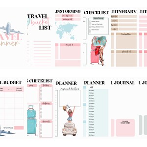 May include: A travel planner with various sections, including a bucket list, itinerary, and budget. The design features illustrations of a plane, a world map, and a woman with luggage. The planner has pink and blue accents.