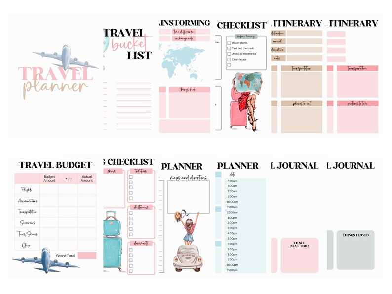 May include: A travel planner with various sections, including a bucket list, itinerary, and budget. The design features illustrations of a plane, a world map, and a woman with luggage. The planner has pink and blue accents.