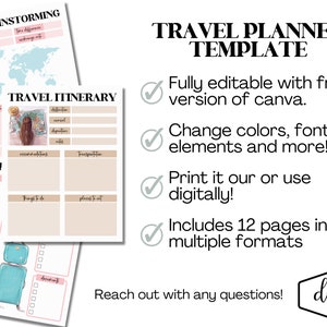 May include: A travel planner template with a pink and blue color scheme. The template includes sections for trip brainstorming, itinerary, packing, and more. Text on the image includes "Travel Planner Template" and "Fully editable with free version of canva."
