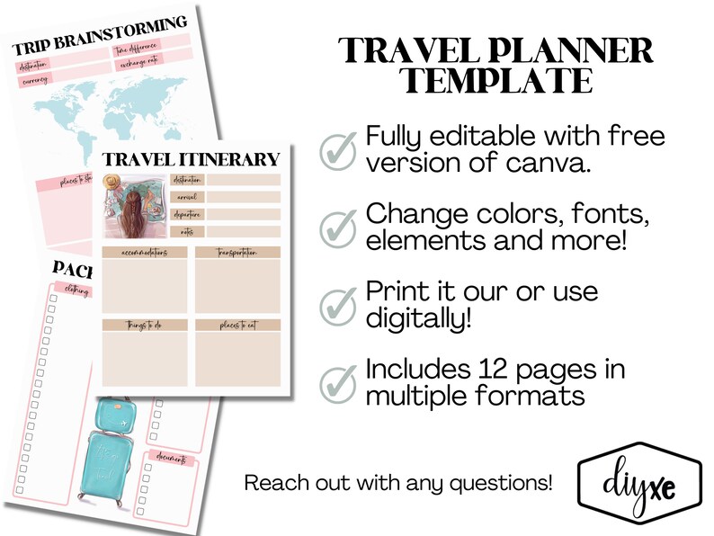 May include: A travel planner template with a pink and blue color scheme. The template includes sections for trip brainstorming, itinerary, packing, and more. Text on the image includes "Travel Planner Template" and "Fully editable with free version of canva."
