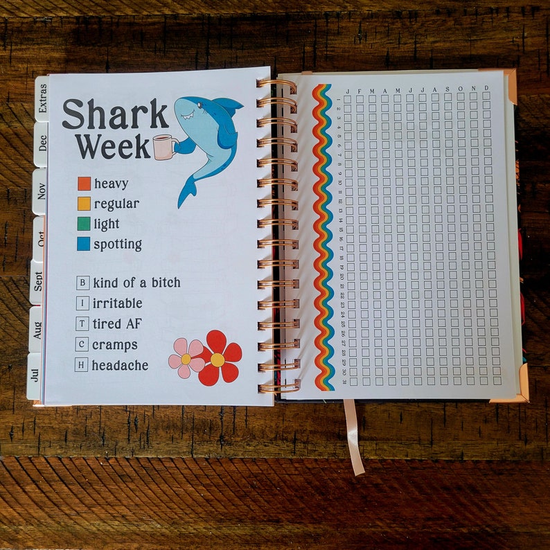 May include: A page from a shark week themed planner with a cartoon shark holding a coffee mug. The page has a calendar grid with boxes for each day of the month. The page also has a list of symptoms with checkboxes next to each one.