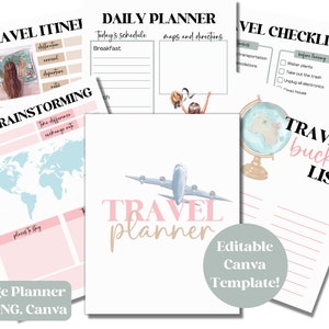 May include: A collection of white paper travel planners with pink and black text. The planners include a travel itinerary, daily schedule, travel checklist, trip brainstorming, and travel bucket list. A globe and airplane are also featured.