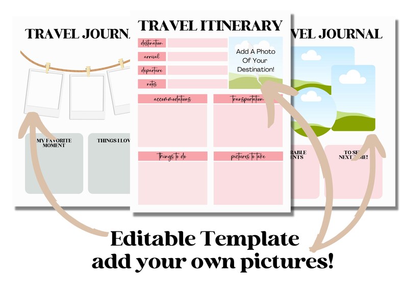 May include: A set of three printable travel journal templates. The templates include sections for itineraries, photos, and notes. The design features a soft pink and white color scheme with a handwritten font. The text "TRAVEL JOURNAL" and "TRAVEL ITINERARY" are visible.