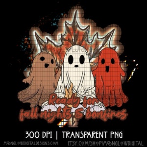 Könnte beinhalten: Drei Cartoon-Geister vor einem feurigen orange-roten Ahornblatt. Die Geister sind braun, weiß und orange. Der Text "Ready for fall nights & bonfires" befindet sich unter den Geistern.