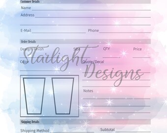 May include: A tumbler order form with a watercolor background in shades of blue, pink, and purple. The form includes fields for customer details, order details, and shipping information. The text "Tumbler Order Form" is at the top.