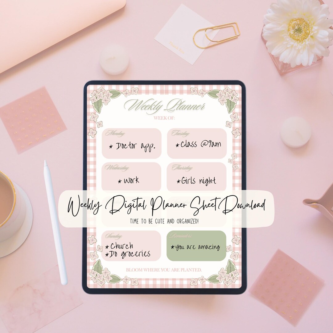 Digital Weekly Planner PDF – Floral Pink Gingham Printable Planner Page ...