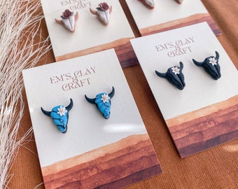 Longhorn Stud Earrings | Clay Stud Earrings, Polymer Clay Earrings, Western Jewelry, Texas Longhorn Earrings, Gifts for Cowgirls Texans